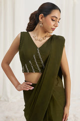 Olive Green Organza Pre Stitched Saree