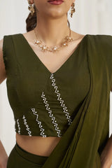 Olive Green Organza Pre Stitched Saree