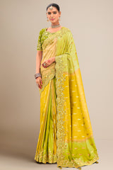 Yellow and Green Silk All Over Woven Saree with Sequin Embroidery Work