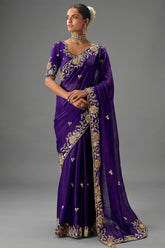 Royal Purple Viscose Chiffon Saree With All Over Embroidery In Zari And Sequins