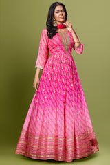 Creamy Pink Anarkali Suit in Organza Georgette with Bandhej Design and Embellished Handwork Neckline