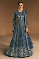 Slate Blue Georgette Embroidered Front Slit Cut Suit