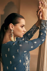 Slate Blue Georgette Embroidered Front Slit Cut Suit