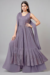 Lavender Purple Embroidered Palazzo Suit in Georgette - red georgette saree embroidered