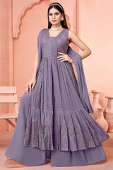 Lavender Purple Embroidered Palazzo Suit in Georgette