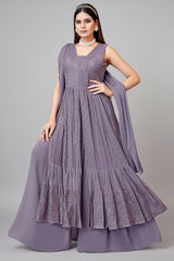 Lavender Purple Embroidered Palazzo Suit in Georgette