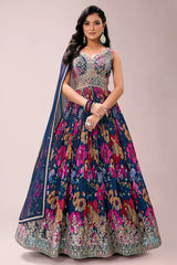 Peacock Blue Floral Printed Anarkali Suit in Chinon with Sequins Work
