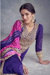Chinon Bandhej Printed Palazzo Suit with Sequin Mirror Work - saree bandhej