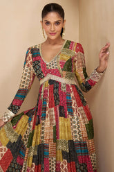 Multi Colored Georgette V Neckline Anarkali Suit with Sequin Mirror Work Bodice - red georgette saree