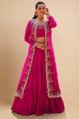 Georgette Crop Top and Flared Lehenga with Long Shrug