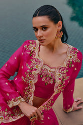 Georgette Crop Top and Flared Lehenga with Long Shrug - red georgette saree