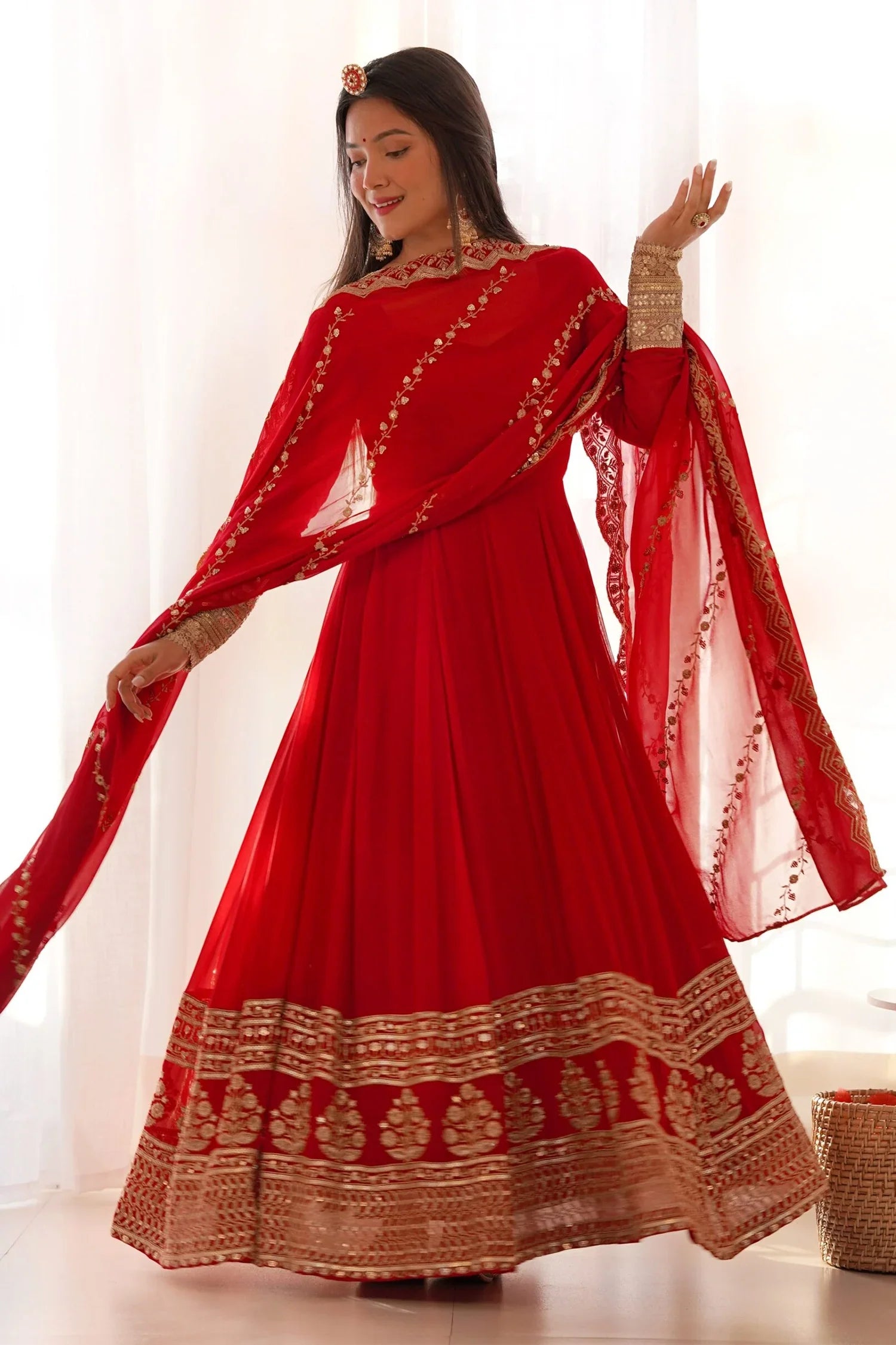 Red Georgette Sequin Embroidered Anarkali Suit - red georgette saree embroidered