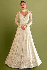 Pearl White Georgette Lucknowi Embroidered V Neckline Anarkali Suit