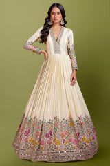 Cream Crepe Resham Embroidered Deep V Neck Anarkali Suit with Mirror Work