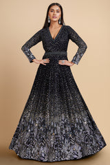 Black Georgette Sequinned and Floral Embroidered V Neck Anarkali Suit