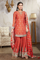 Orange Crepe Printed Key Hole Neck Sharara Suit with Sequin Work