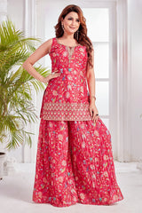 Pink Chinon Floral Printed Palazzo Suit