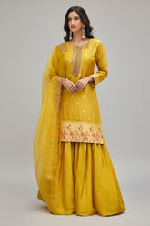 Yellow Viscose Jacquard Woven Sharara Suit