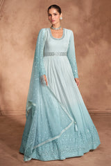 Blue Ombre Georgette Chinon Embroidered Anarkali Suit