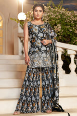Black Georgette Floral Printed Sharara Suit with Sequin Embroidery