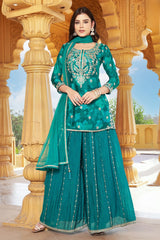 Teal Green Chinon Silk Straight Cut Palazzo Suit