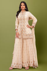 Cream Georgette Embroidery Sequin Palazzo Suit