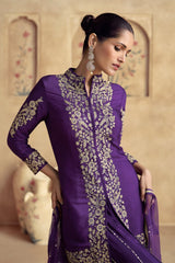 Violet Chinon Silk Embroidered Palazzo Suit