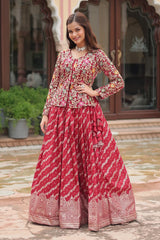 Maroon Georgette Embroidered Slit Cut Crop Top Lehenga