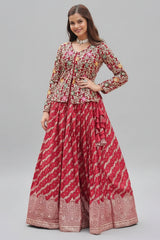 Maroon Georgette Embroidered Slit Cut Crop Top Lehenga