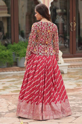 Maroon Georgette Embroidered Slit Cut Crop Top Lehenga - red georgette saree embroidered