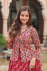 Maroon Georgette Embroidered Slit Cut Crop Top Lehenga