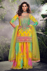 Yellow Chinon Silk Bandhej Embroidered Palazzo Suit