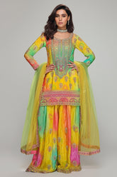 Yellow Chinon Silk Bandhej Embroidered Palazzo Suit
