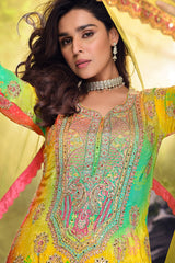 Yellow Chinon Silk Bandhej Embroidered Palazzo Suit