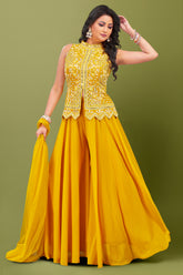 Yellow Georgette Mirror Embroidered Top Palazzo Set