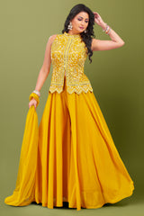 Yellow Georgette Mirror Embroidered Top Palazzo Set
