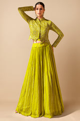 Lime Green Sequinned Georgette Crop Top Jacket with Skirt