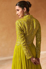 Lime Green Sequinned Georgette Crop Top Jacket with Skirt