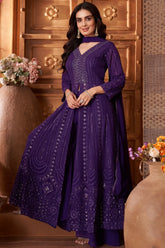 Violet Purple Georgette Sequin Embroidery Slit Cut Palazzo Suit