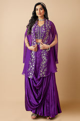 Violet Purple Satin Crepe Silk Embroidery Sequin Crop Top with Pleated Drape Skirt and Jacket