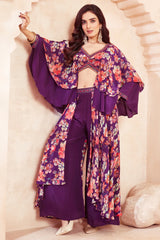 Violet Purple Floral Printed Cape Sleeved Crop Top Palazzo Set