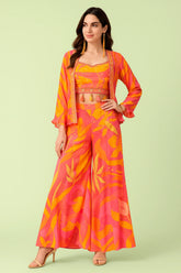 Pink and Orange Chinon Crepe Crop Top Palazzo with Jacket