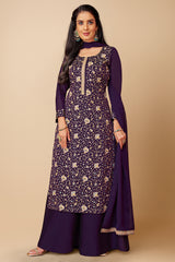 Dark Purple Georgette Embroidered Straight Cut Palazzo Suit