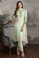Turquoise Green Tissue Straight Cut Suit - green saree