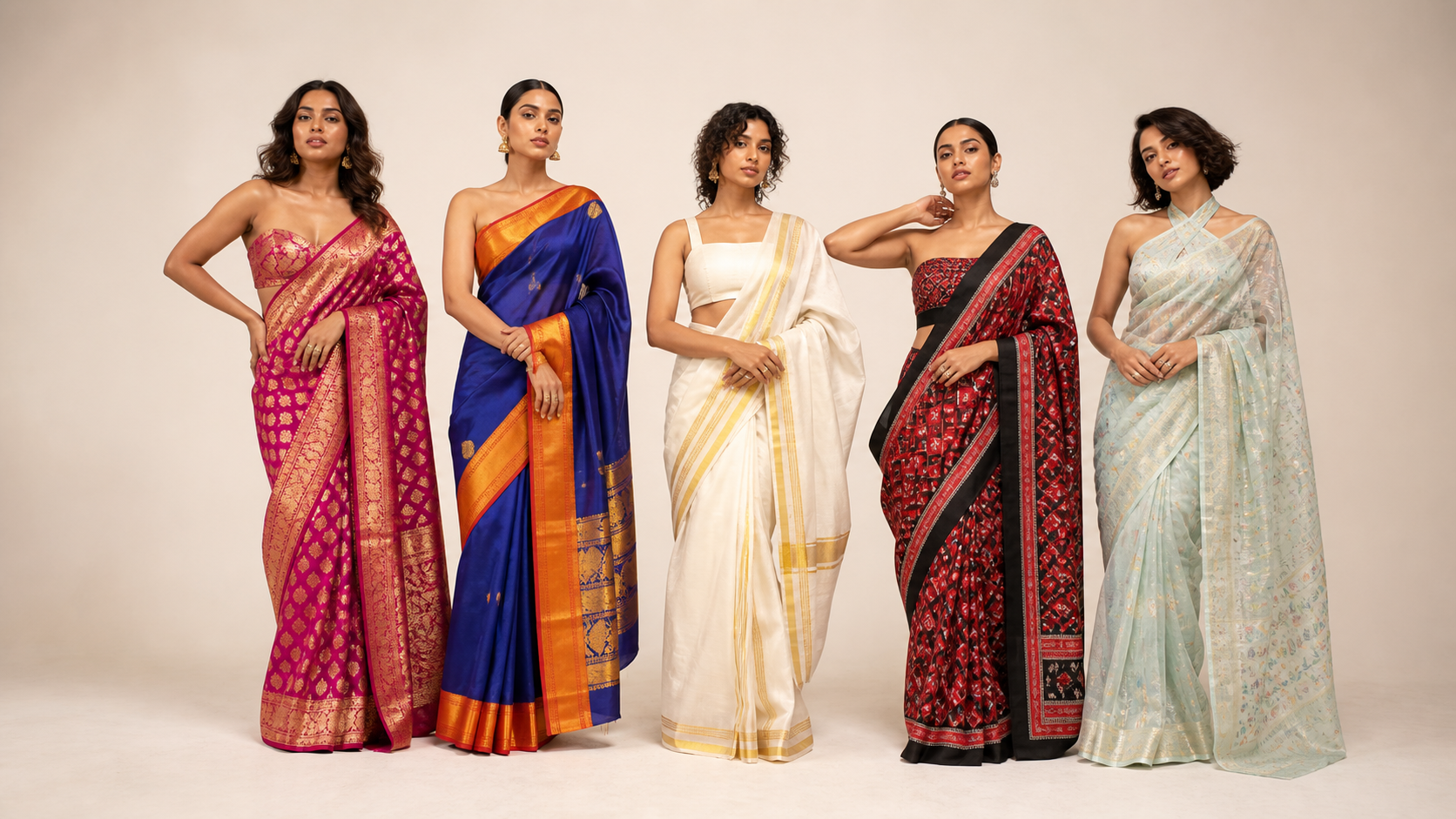 Five women wearing regional Indian sarees in a clean modern studio
