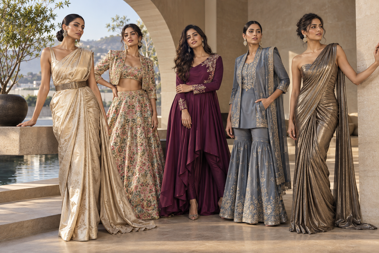 Five contemporary Indian looks including sarees lehenga Anarkali and sharara