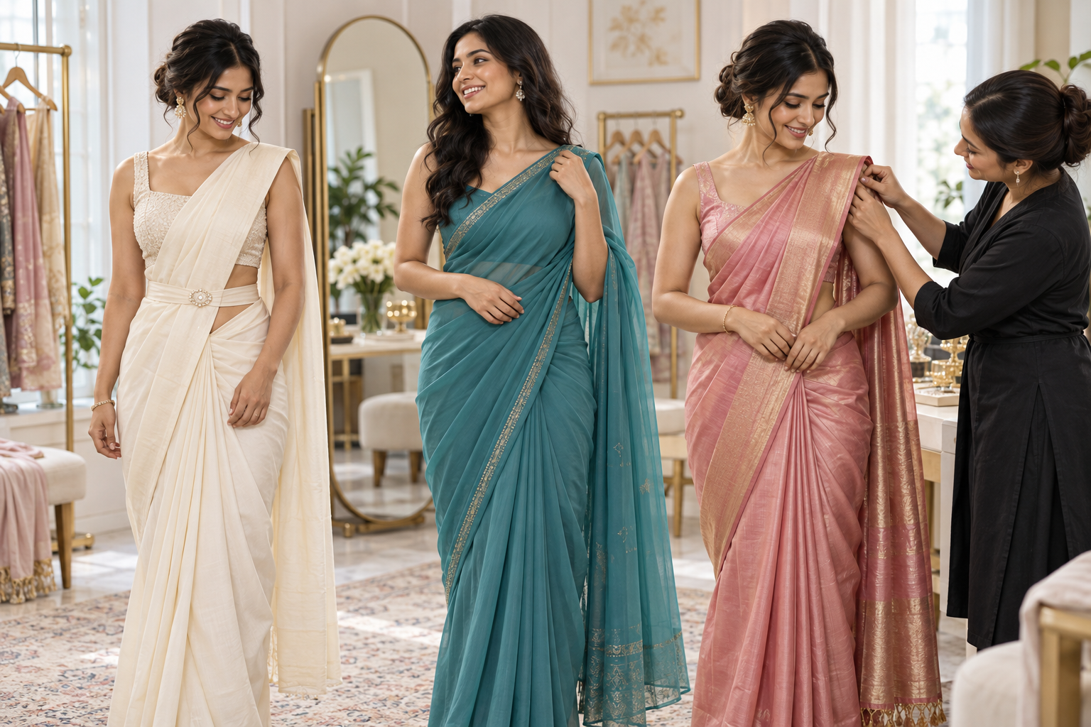 First time saree wearers in easy ivory teal and rose drapes with a stylist