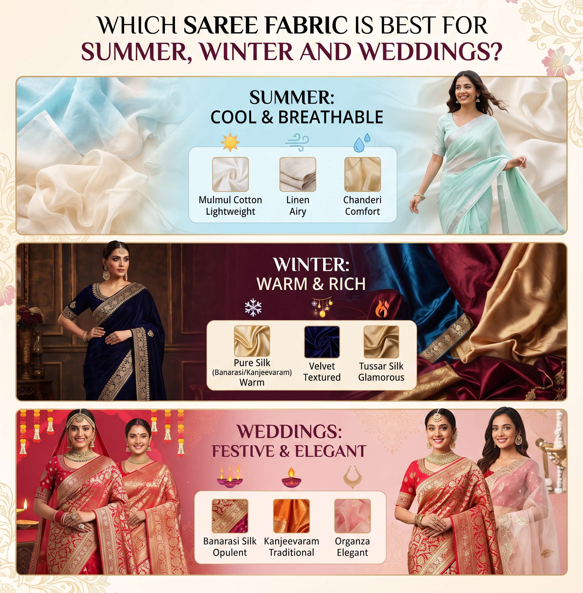 Which saree fabric is best for summer, winter and weddings?