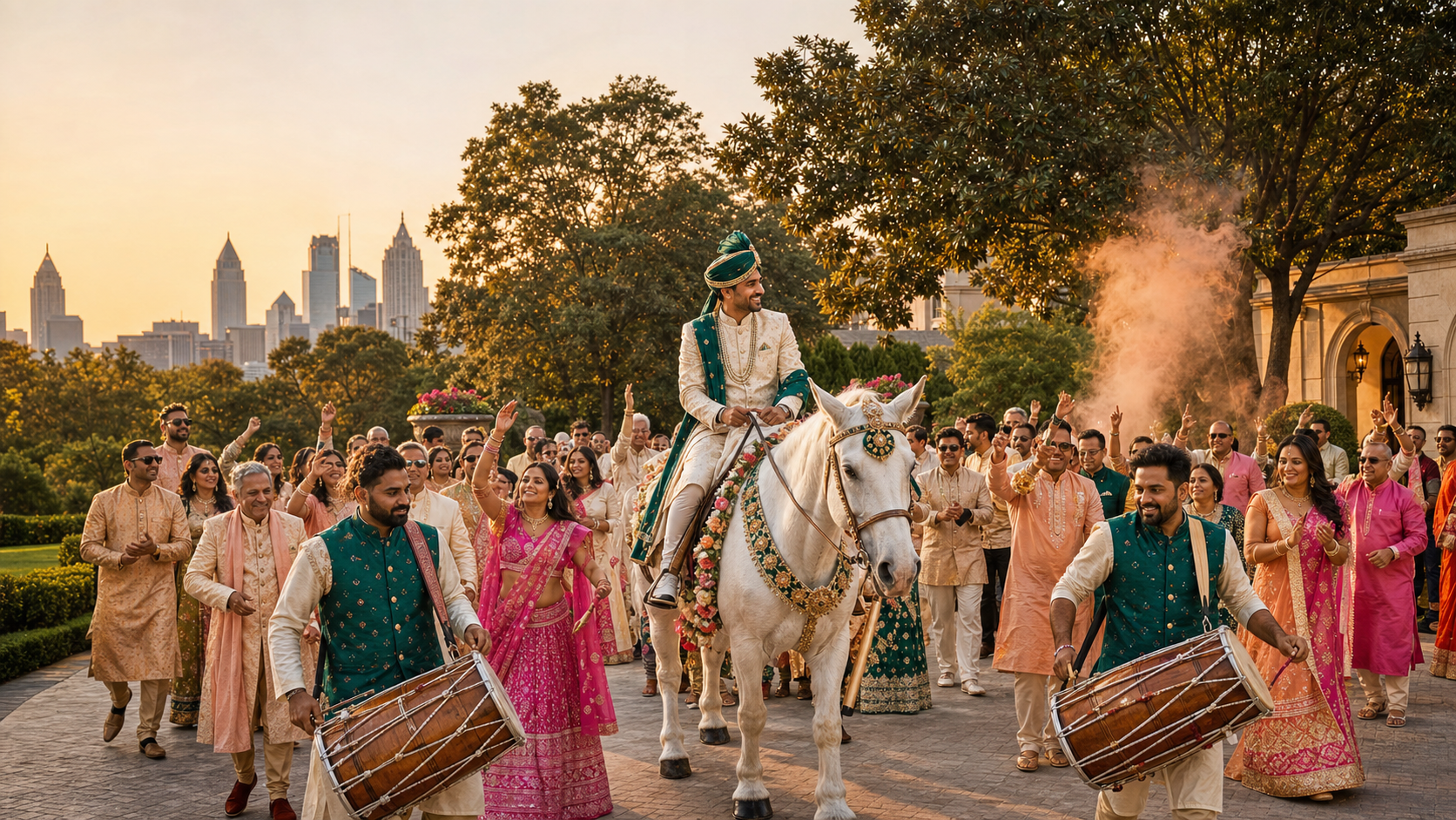 Indian baraat arriving at an elegant Atlanta wedding venue