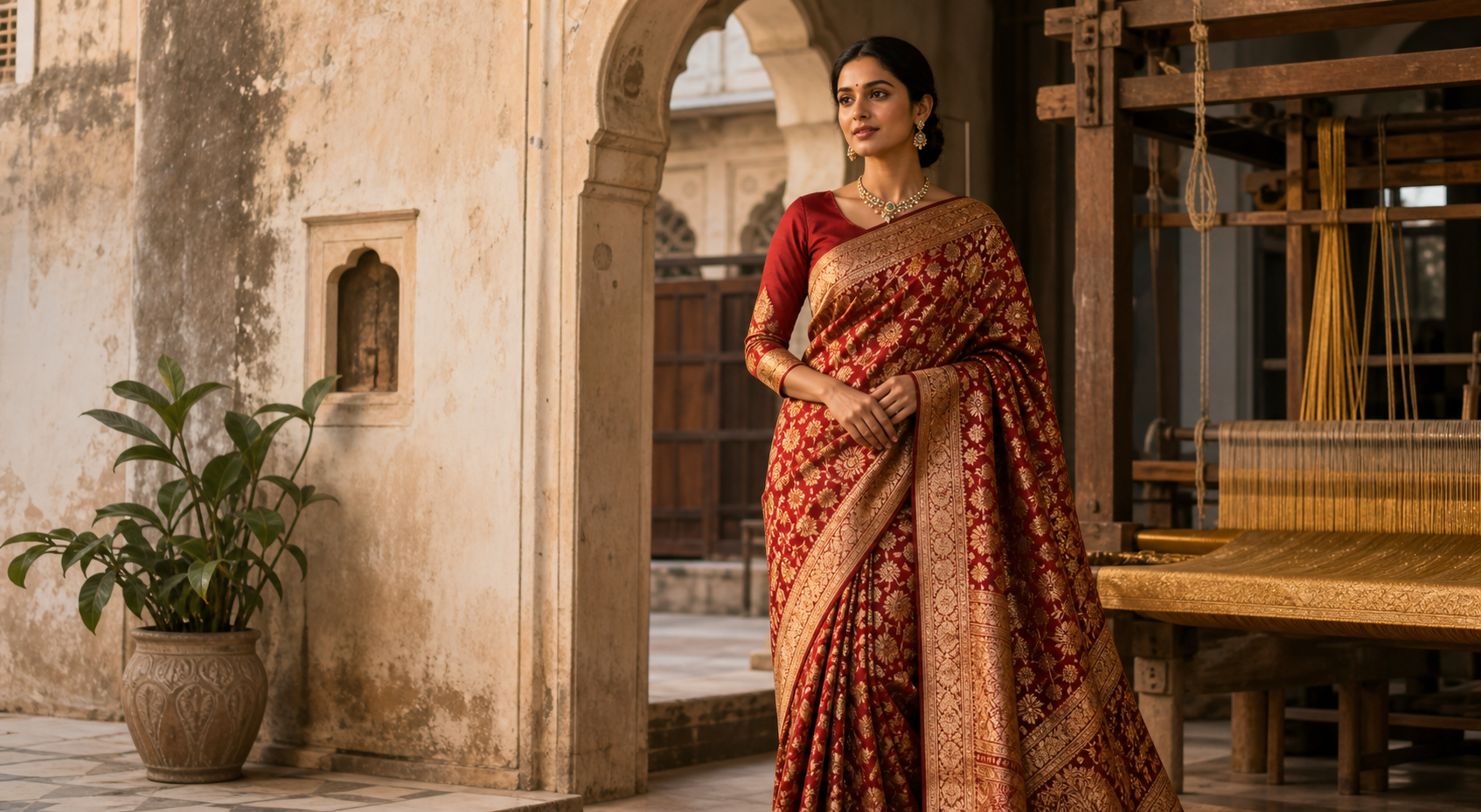 Woman wearing a red Banarasi silk saree beside a traditional weaving loom